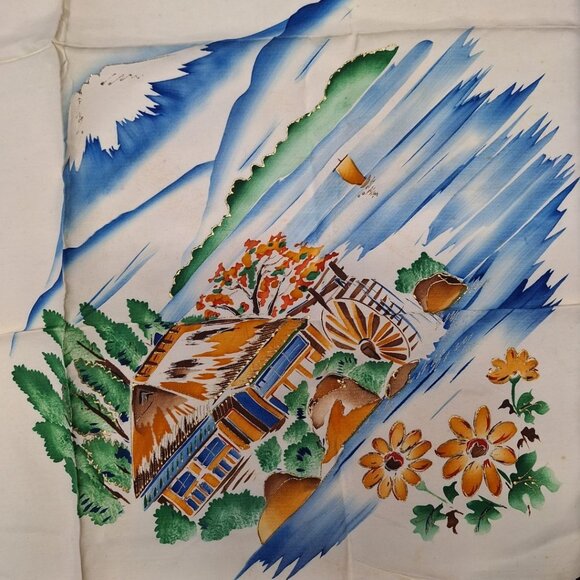 Vintage Painted Scarf Glitter Cabin Mill River Flowers Mountain Decor Old Granny - Picture 5 of 7